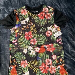 Super Massive Tropical Floral Parrot Tee - Black Background